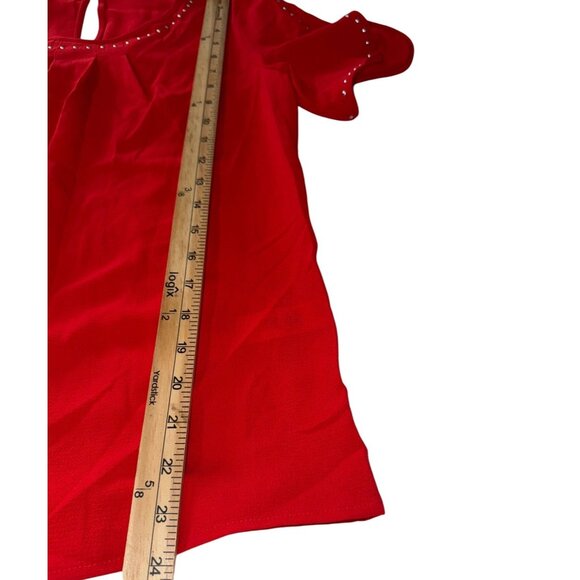 Tahari Red Short Sleeve Blouse With Studded Neckline & Sleeves S - Picture 11 of 11